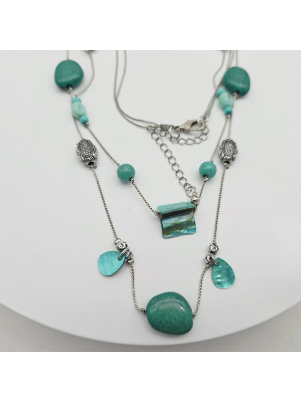 Multi-Strand Silver Necklace With Turquoise Beads & Shell Accents Lobster Clasp - Picture 3 of 7